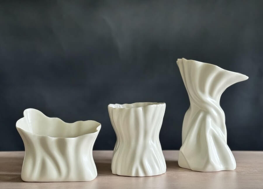 Sullivan Owen sculptural porcelain vases featuring the Baby Twist vase