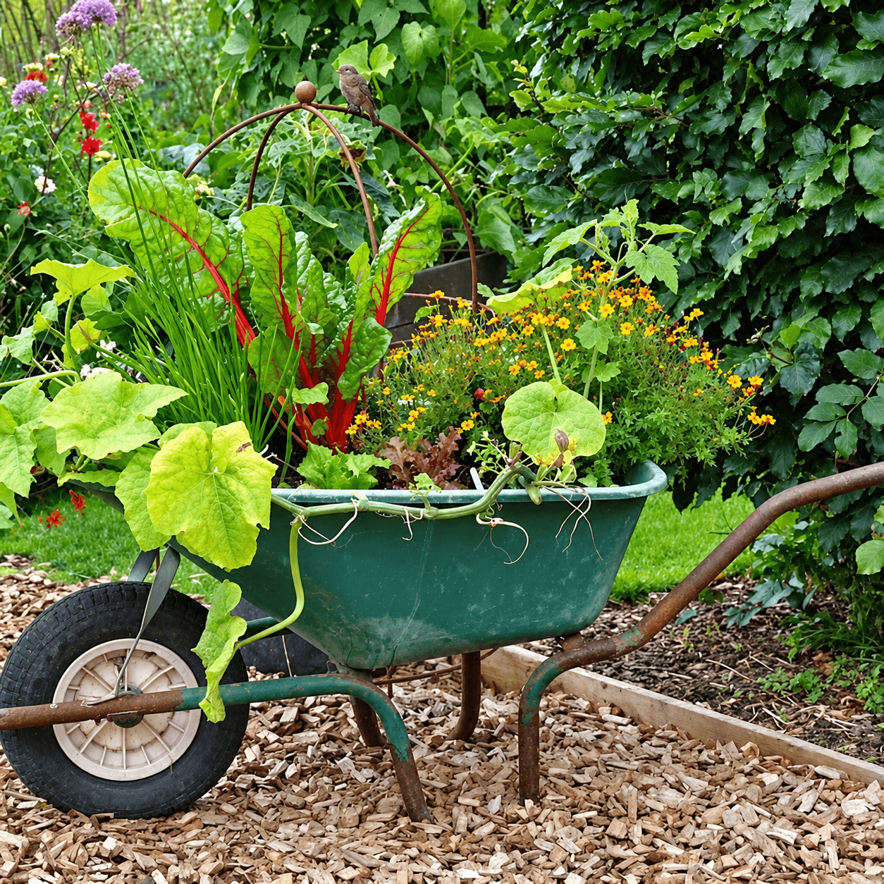 turning a wheelbarrow into a raised garden